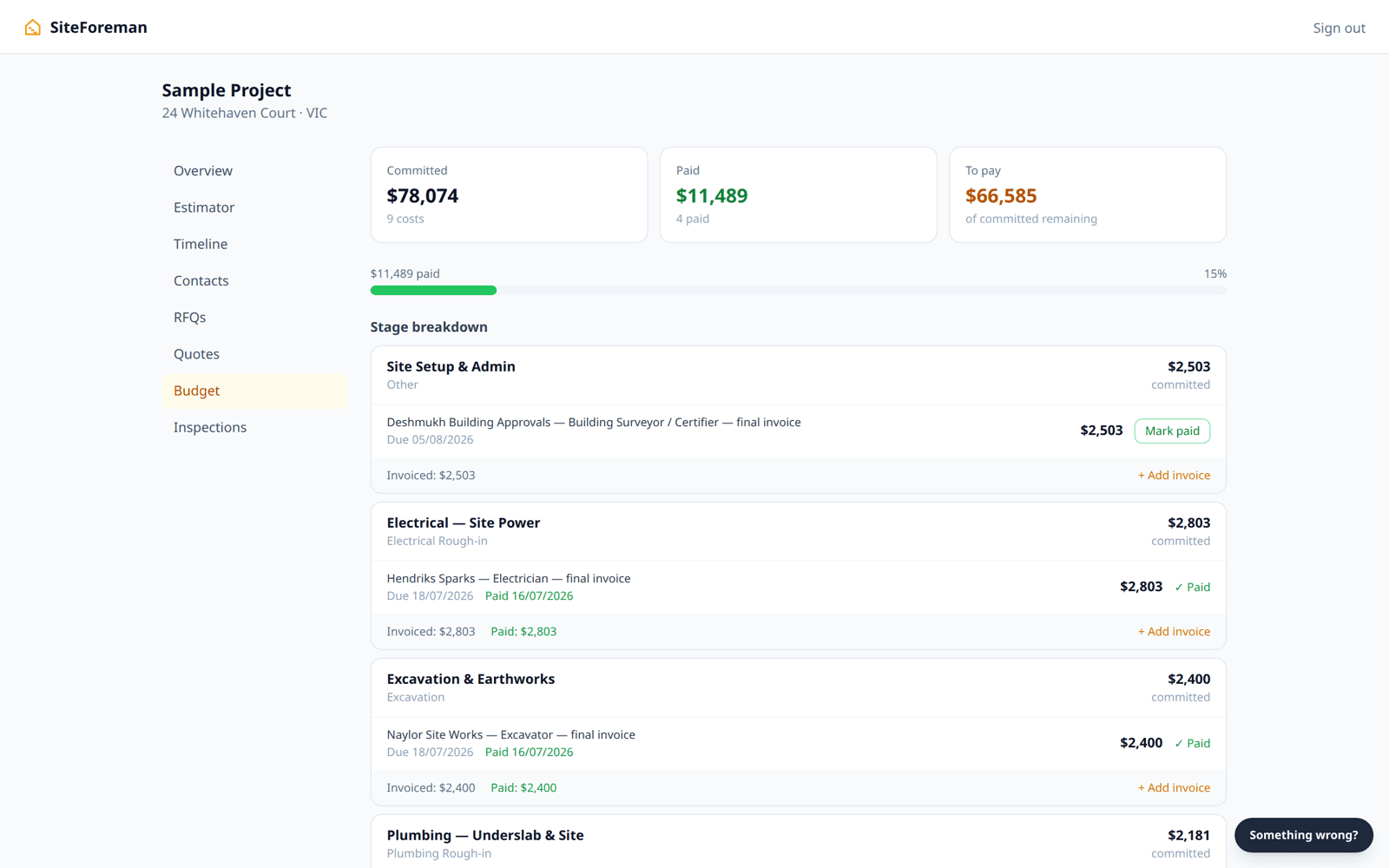 Budget tracker showing committed costs against amounts paid, broken down by build stage