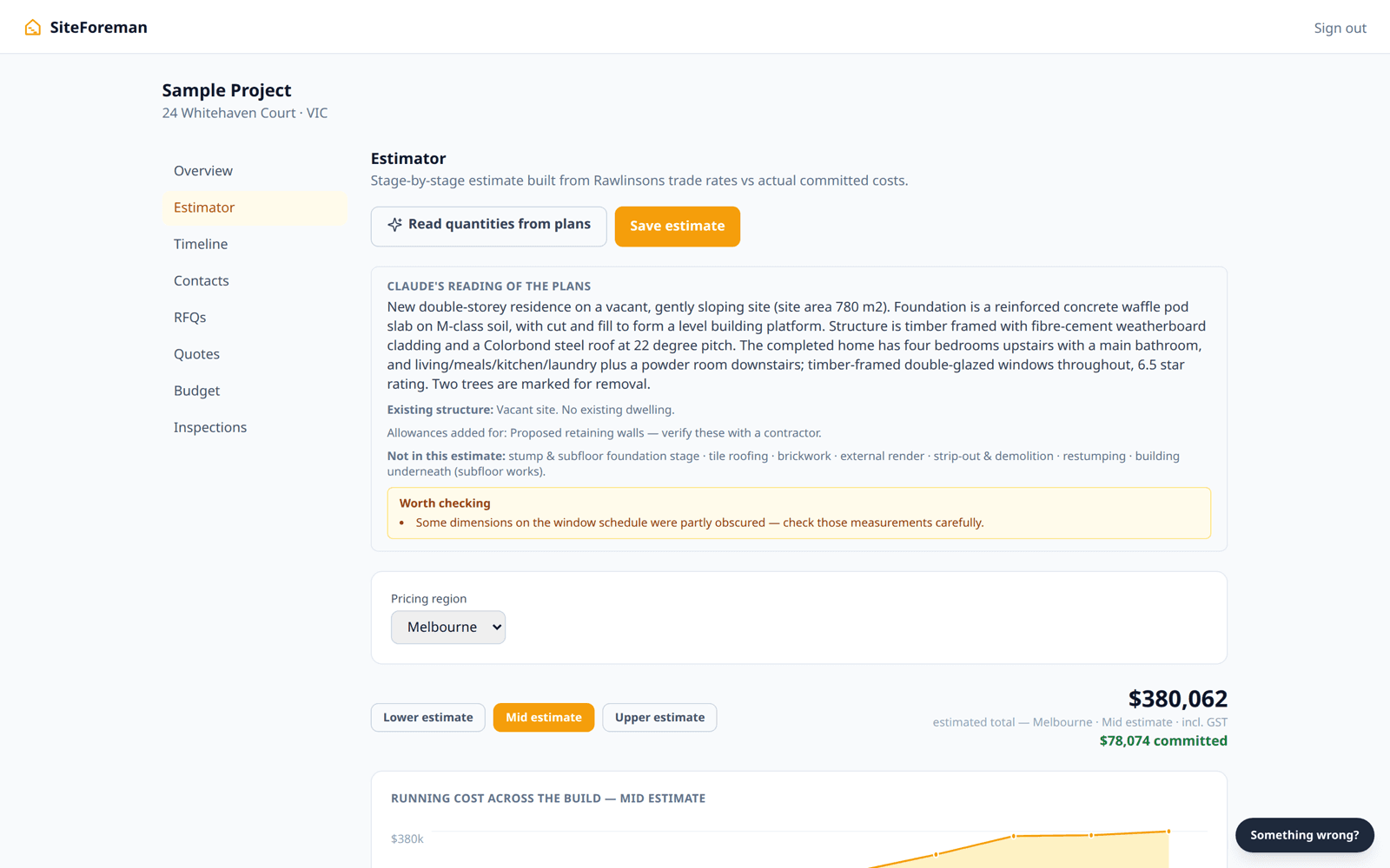 SiteForeman estimator showing an AI reading of uploaded building plans and a stage-by-stage cost estimate totalling $392,134