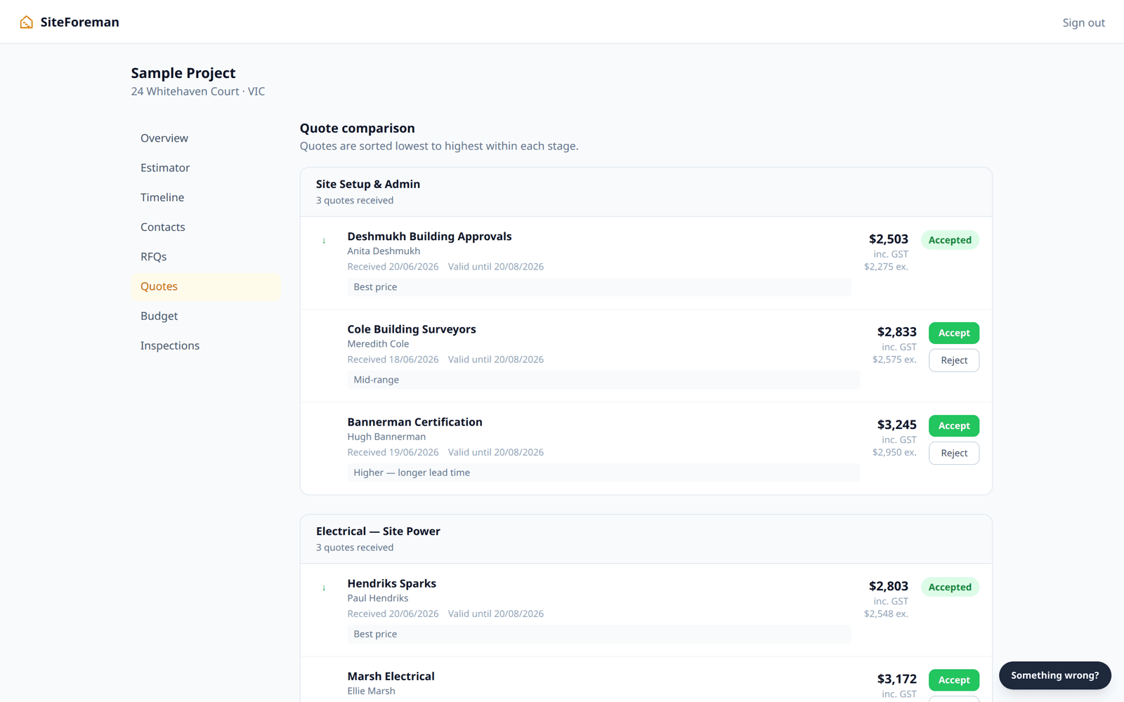Quote comparison view showing three competing trade quotes per build stage, sorted by price