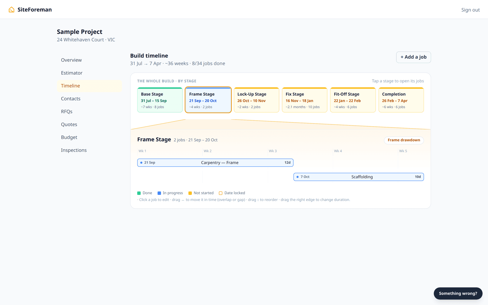 Build timeline Gantt chart grouped into base, frame, lock-up, fix, fit-off and completion phases
